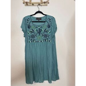 Double D Ranch Cactus Embroidered Baby Doll Dress Muted Teal M